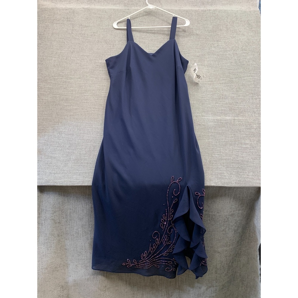R&M Richards 2 Pieces Set Dress Womens 16 Navy Beaded Side Slit Sleeveless